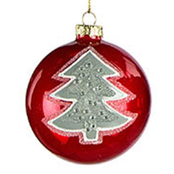 Χριστουγεννιάτικη Γυάλινη Μπάλα Κόκκινη, με Ασημί Δεντράκι (8cm)